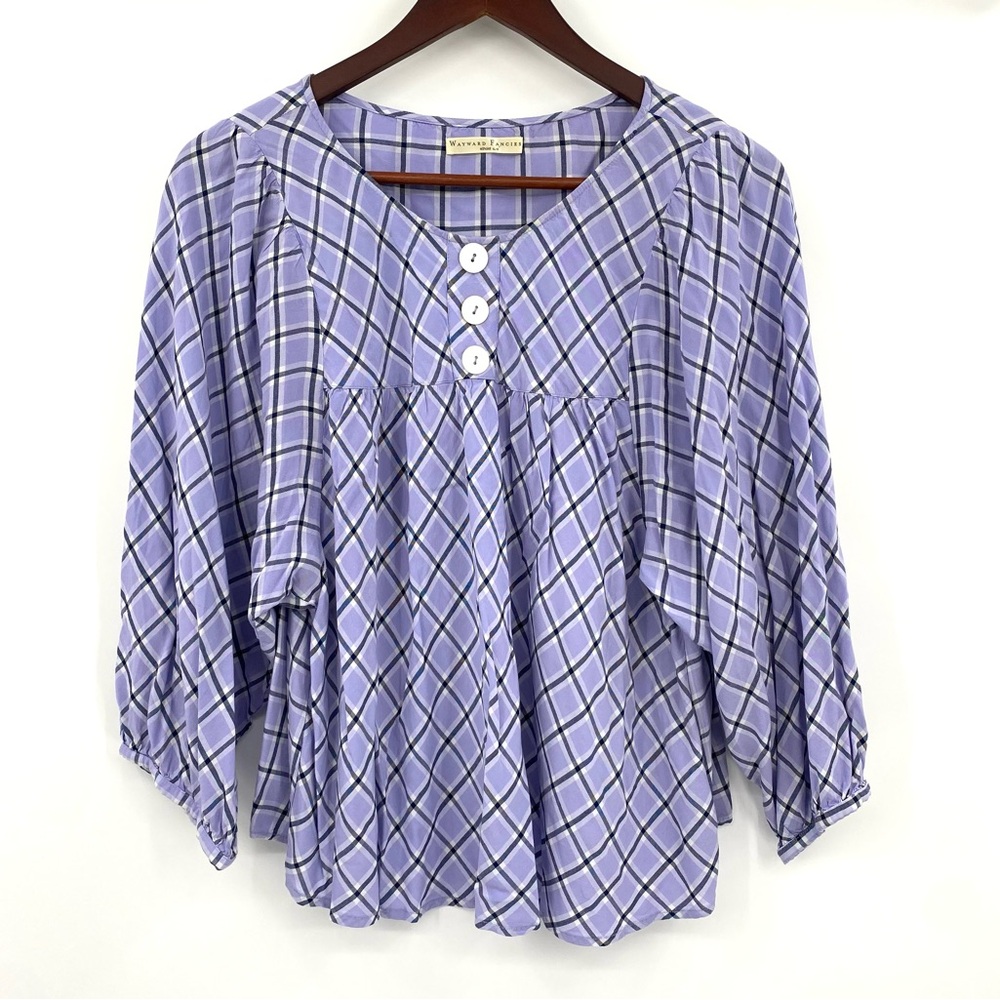 Wayward Fancies Eshakti Top Womens XL 16 Plaid Dolman Cropped Purple Blue Blouse